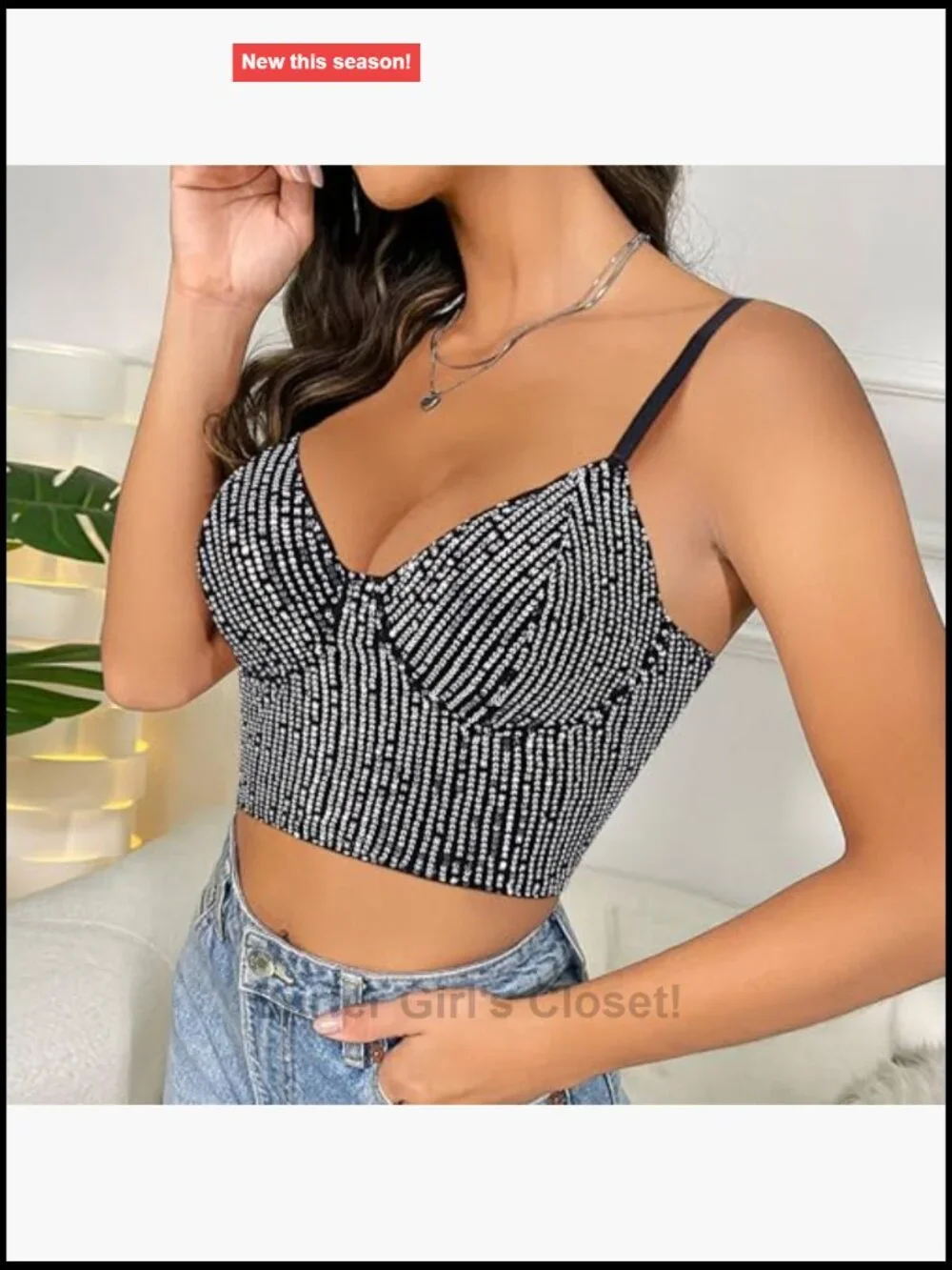 Sequin Crop Top V-Neck Spaghetti Strap Sleeveless Rhinestone Tassel Sparkly